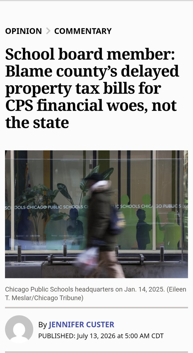 ​This commentary from @jennicuster published in the Tribune should be the end of her bid to become president of the Board of Education. In her guest piece, Custer absurdly insists CPS’ $732M deficit is the result of delayed property tax bills. Unmentioned in Custer’s opinion piece is the staggering costs associated with underutilized or underenrolled CPS schools, and how CTU blocks the closure or consolidation of these schools. Custer also omits how Chicago concluded an unaffordable $1.6 billion contract negotiated with the CTU. Custer doesn’t mention the costs surrounding 9,000 additional CPS employees — all unneeded — hired with one-time COVID assistance. Custer disregards how CPS employs over 22,000 in non-teaching roles. All of this adds up to bureaucratic bloat Custer ignores. Why is Jennifer Custer running for BOE president if she cannot identify the real problems at CPS? 