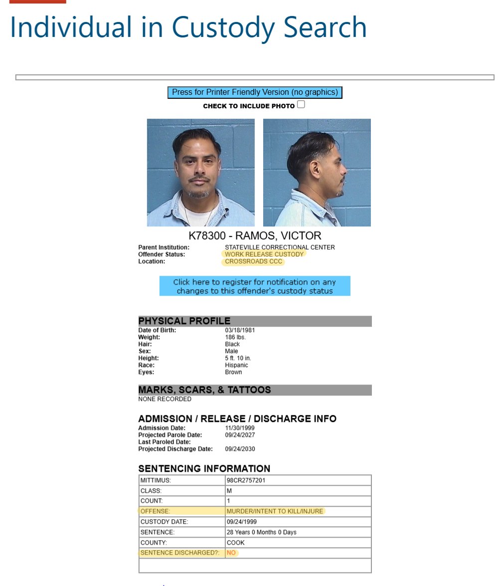 ​It is said “love is blind,” but good golly this insane. Is @the12thward joined in marriage to a man convicted of a 1998 gang murder in Little Village? If so, the Victor Ramos pictured on the left has not been discharged from the custody of the state and is currently on work release. This means he is still in the slammer. Also “if so,” did Mr. Ramos accompany Ald. Ramirez on any foreign trip? And another “if so” to consider: Did Ald. Ramirez and her inmate hubby accept any gift cards for the July 2025 nuptials? Accepting gift cards is an ethics violation. 